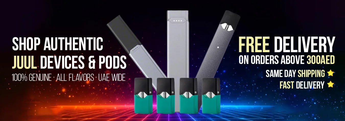 Advertisement for Juul devices and pods with promotional text on a colorful background