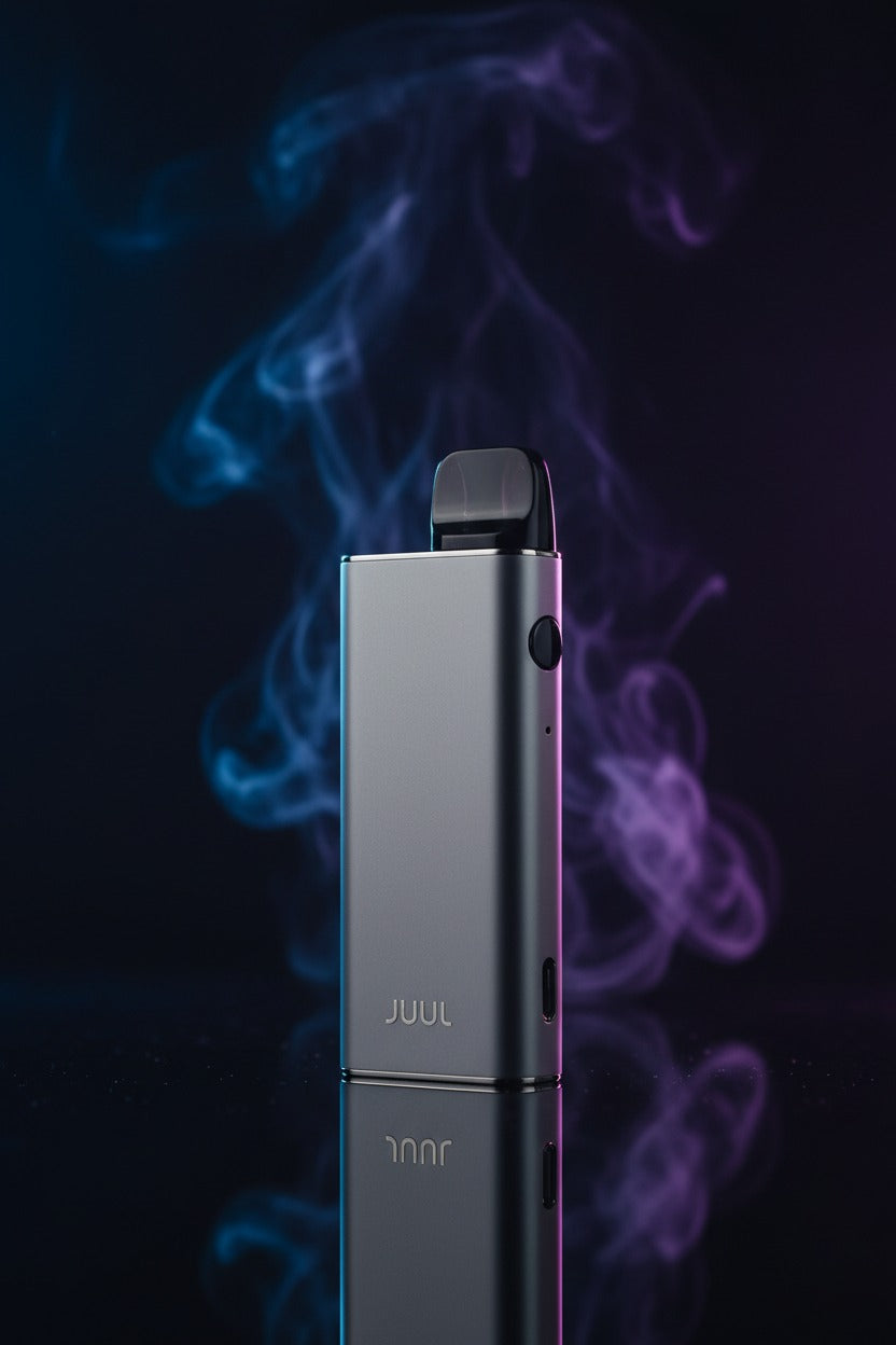 Silver Juul device with colorful smoke on a dark background